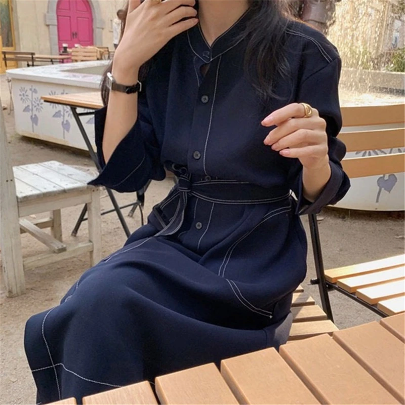 REALEFT Spring Autumn Single Breasted Women's Shirt Dresses Sashes 2024 New Stand Collar Korean Casual Straight Dress Female